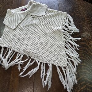 Say What? Ivory Textured Knit Fringe Poncho Sweater OS